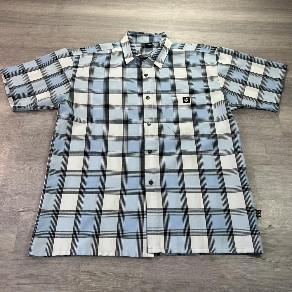 Lowrider Shirt Mens Large Blue Plaid Short Sleeve Button Up Casual Workwear